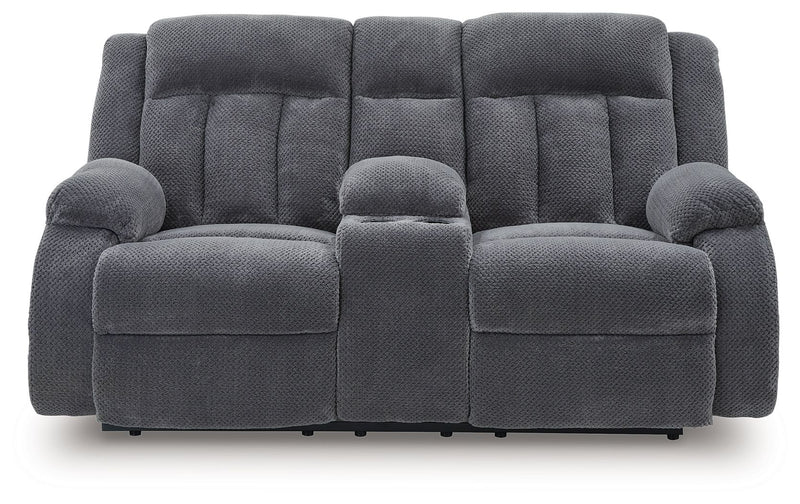 Observation - Double Reclining Power Loveseat With Console - Steel - R&R Furniture Gallery (Fountain Valley, CA)