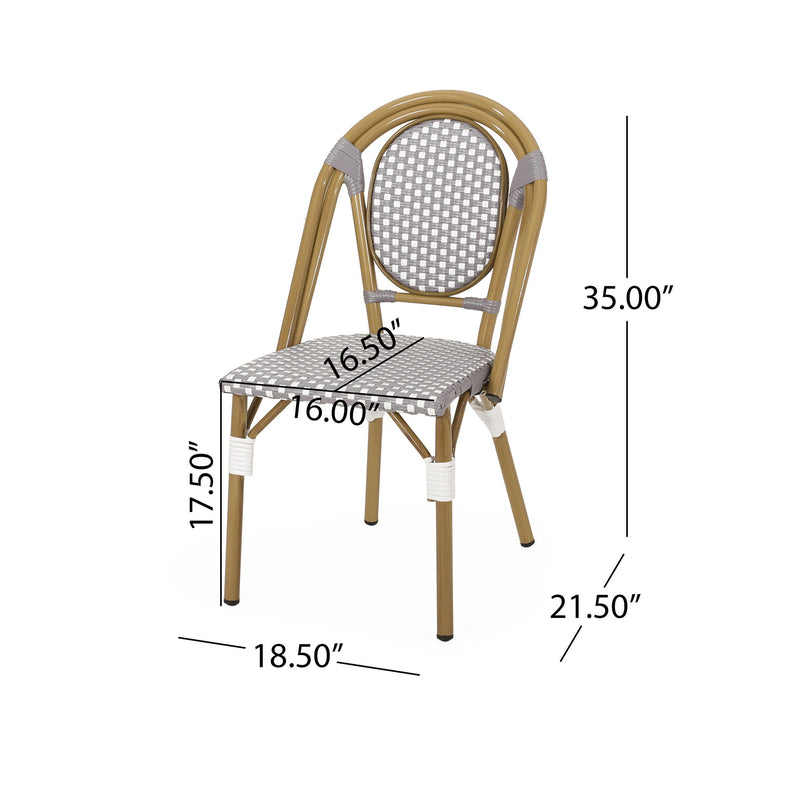 Set of outdoor rattan and aluminum French bistro chairs by Noble House, featuring woven rattan seats and sleek metal frames.