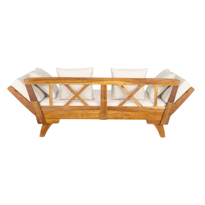 Noble House outdoor patio daybed sofa with 3 seats, foldable arms, and four back pillows, ideal for outdoor lounging and relaxation.