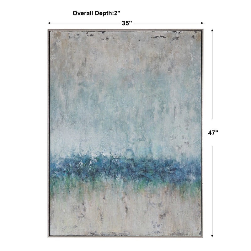Abstract blue canvas art titled Tidal Wave by Uttermost, featuring flowing wave-like patterns in shades of blue on canvas.