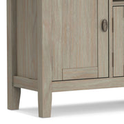 Redmond handcrafted TV media stand by Simpli-Home with wooden finish, featuring open shelves and storage compartments for media devices.