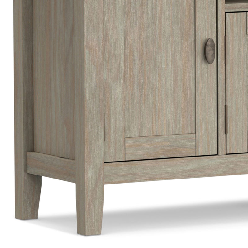 Redmond handcrafted TV media stand by Simpli-Home with wooden finish, featuring open shelves and storage compartments for media devices.