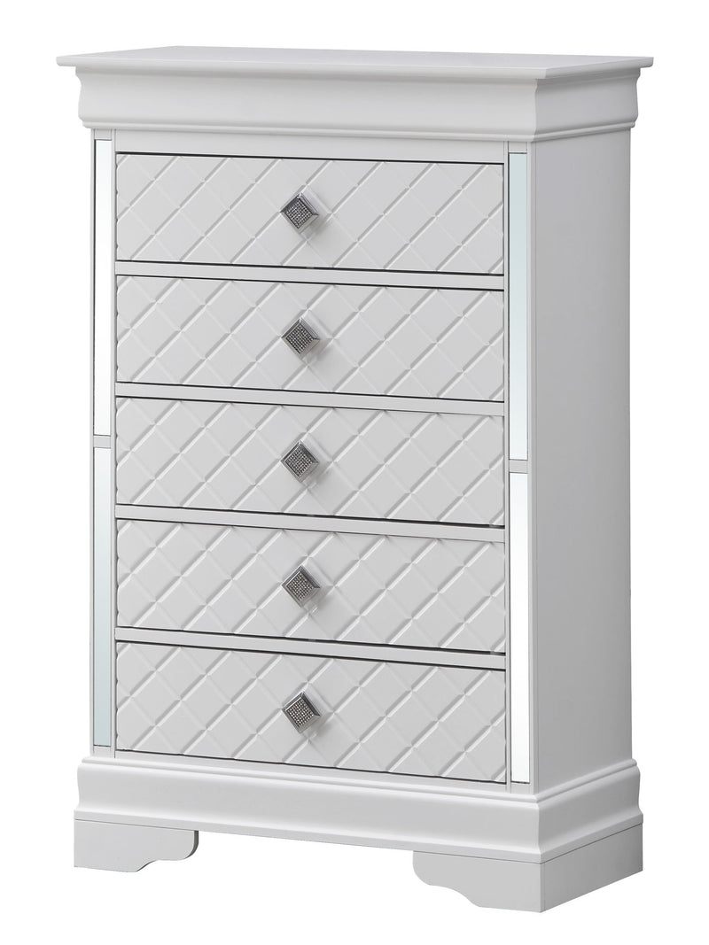 Silver champagne Verona accent chest by Glory Furniture with sleek design and multiple storage drawers.