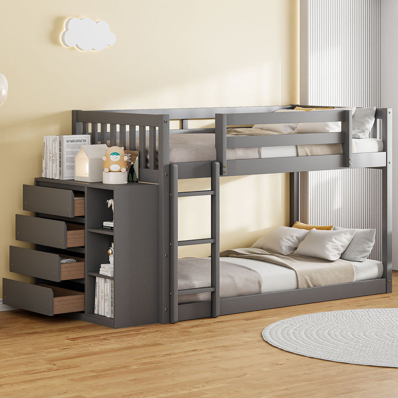 DreamHaus bunk bed with four drawers and three shelves, featuring a sturdy wooden frame and space-saving design.