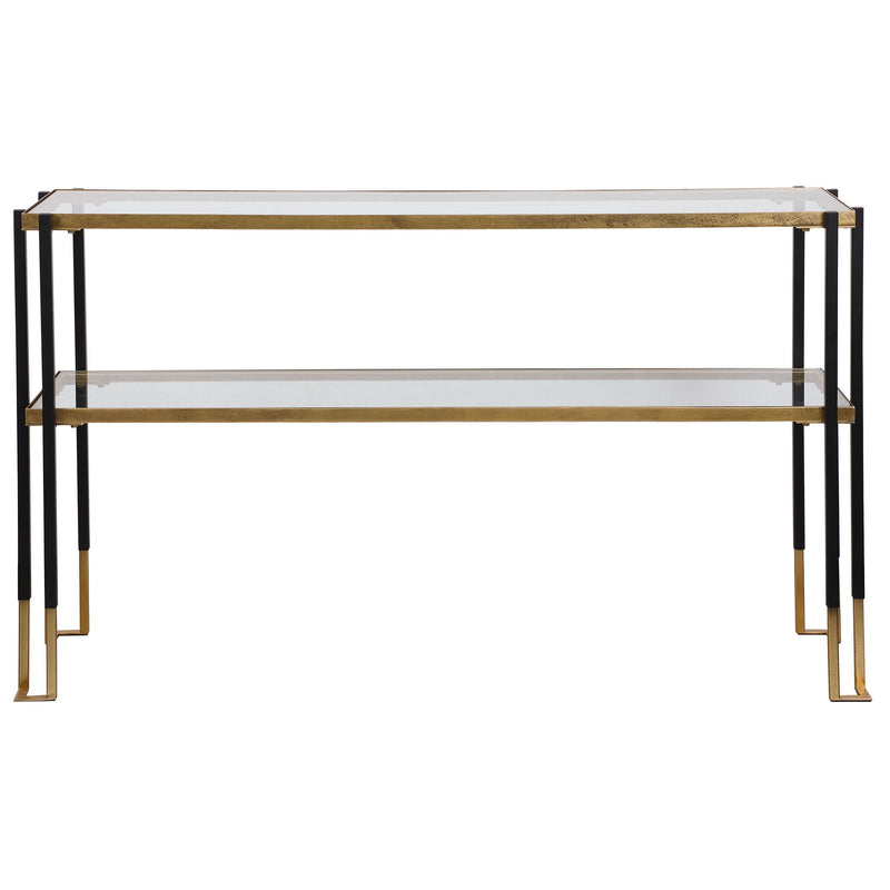 Uttermost Kentmore glass console table with sleek metal frame and transparent glass top, ideal for modern living spaces.