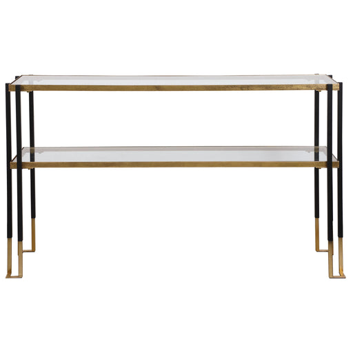 Uttermost Kentmore glass console table with sleek metal frame and transparent glass top, ideal for modern living spaces.