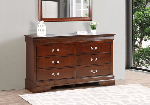 Louis Phillipe bedroom dresser by Glory Furniture, featuring a sleek wooden design with multiple drawers and modern hardware.