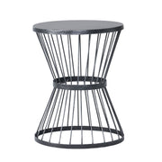 Noble House Lassen modern outdoor side table featuring an hourglass design with a sleek, contemporary look.