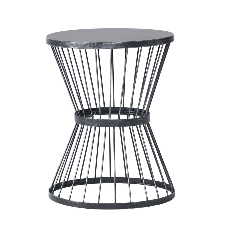 Noble House Lassen modern outdoor side table featuring an hourglass design with a sleek, contemporary look.