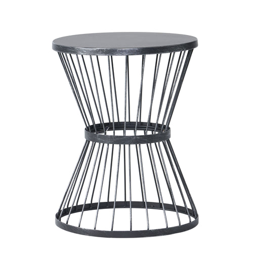 Noble House Lassen modern outdoor side table featuring an hourglass design with a sleek, contemporary look.