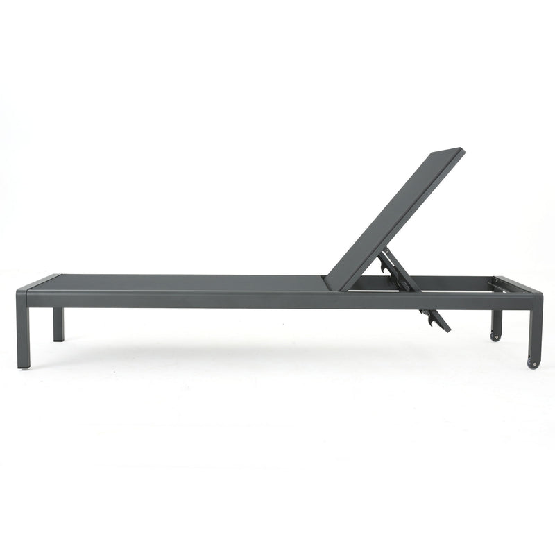 Noble House outdoor patio chaise lounge with five adjustable reclining positions, featuring a sleek design and comfortable cushioning.