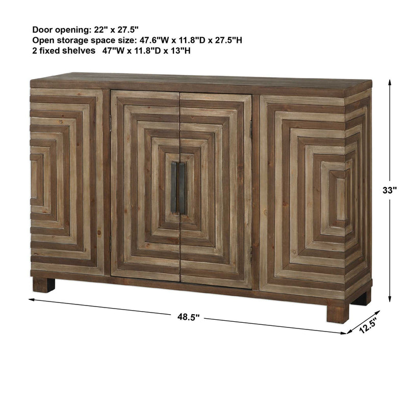 Uttermost Layton Geometric Console Cabinet in light brown wood with modern geometric design for accent storage.