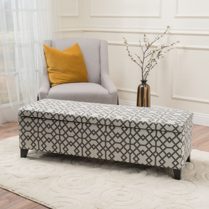 Quotient - Upholstered Storage Ottoman With Tapered Block Feet - Gray / White - R&R Furniture Gallery (Fountain Valley, CA)