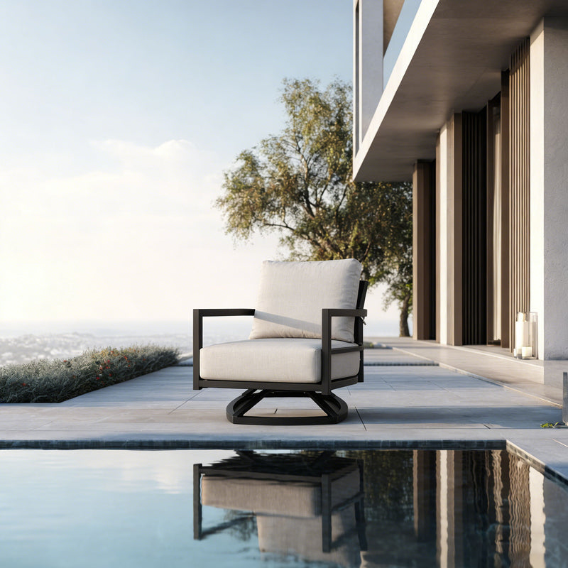 Outdoor swivel lounge chair with Ember Black Sunbrella cushion, weather-resistant design by Life Outside.