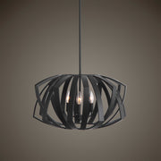 Uttermost Thales geometric black 3-light pendant fixture hanging from ceiling, modern pendant lighting design.
