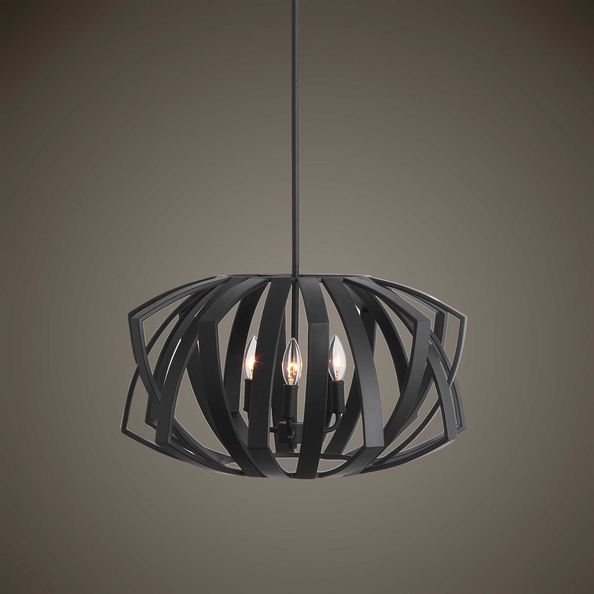 Uttermost Thales geometric black 3-light pendant fixture hanging from ceiling, modern pendant lighting design.