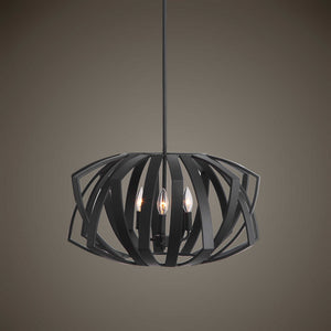 Uttermost Thales geometric black 3-light pendant fixture hanging from ceiling, modern pendant lighting design.