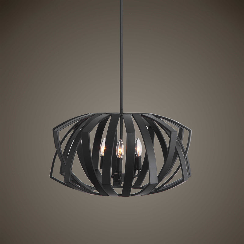 Uttermost Thales geometric black 3-light pendant fixture hanging from ceiling, modern pendant lighting design.