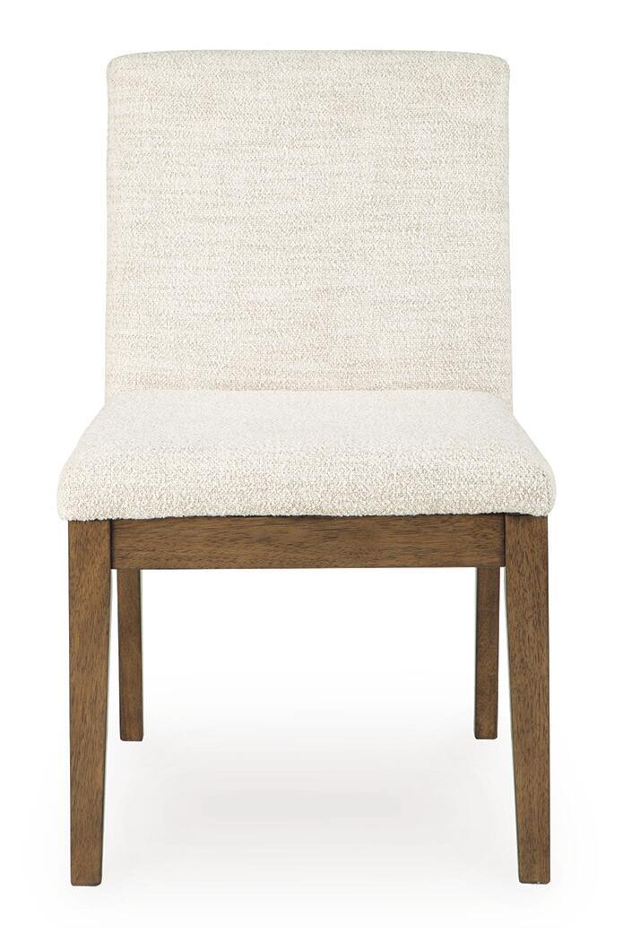 Set of two Benchcraft Marxmore dining upholstered side chairs in beige and brown with cushioned seats and wooden legs.