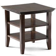 Handcrafted Acadian end table by Simpli-Home featuring a wooden surface and sturdy legs, ideal for living room or bedroom decor.