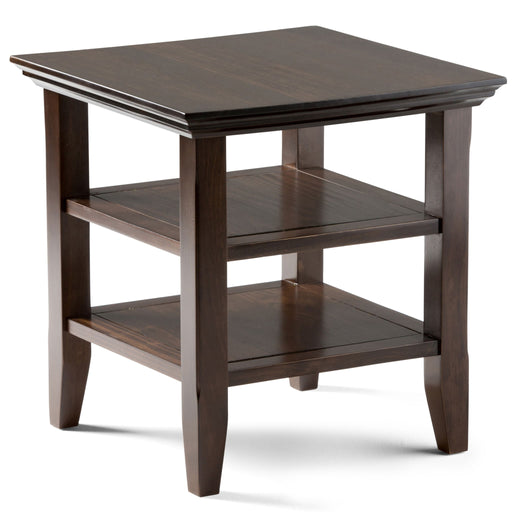 Handcrafted Acadian end table by Simpli-Home featuring a wooden surface and sturdy legs, ideal for living room or bedroom decor.