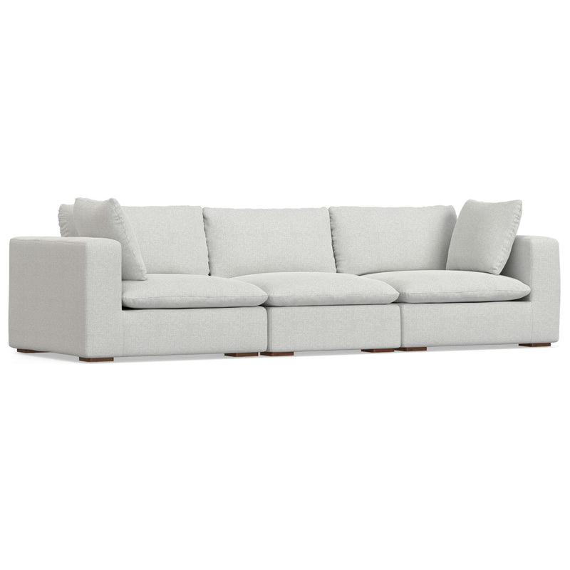 Simpli-Home Jasmine handcrafted stationary sofa with plush cushions and elegant upholstery in a stylish living room setting.