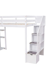 DreamHaus loft bed with built-in storage drawers, stairs with shelves, and a sturdy wooden frame for space-saving bedroom furniture.