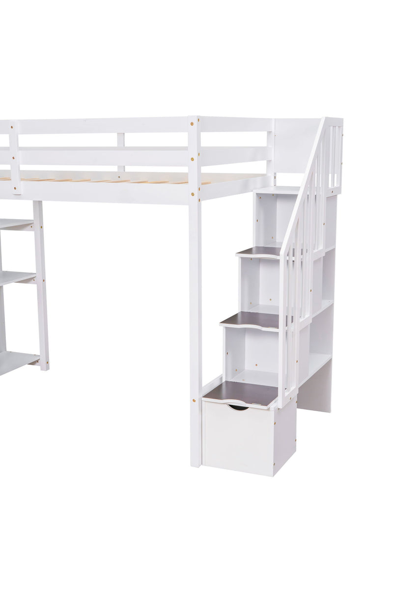 DreamHaus loft bed with built-in storage drawers, stairs with shelves, and a sturdy wooden frame for space-saving bedroom furniture.