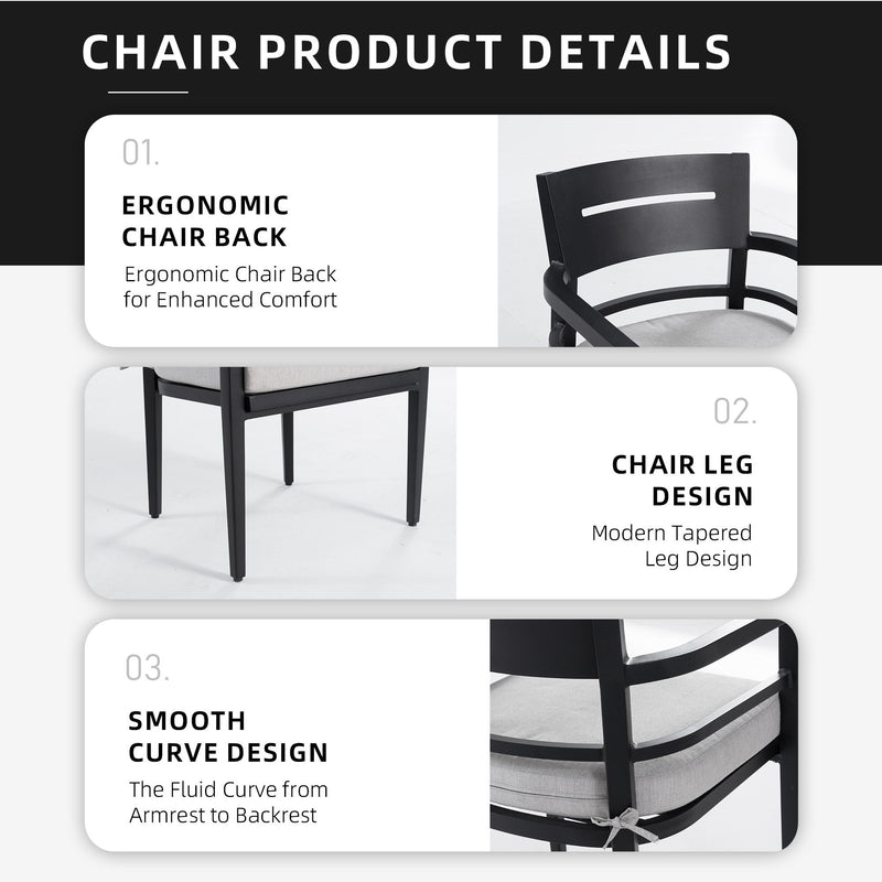Set of four Life Outside outdoor patio dining chairs with black frames and Sunbrella fabric cushions, tapered feet for stability.