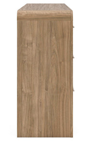 Signature Design by Ashley six-drawer dresser with wood finish and modern hardware, featuring ample storage and sleek design.