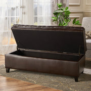 Noble House Juliana storage ottoman with beige fabric and birch wood legs, providing stylish functional seating and hidden storage.
