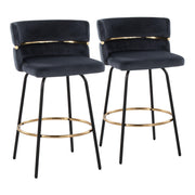 Lumi Source Cinch set of 2 contemporary counter stools with fixed height, swivel seats, and round footrests.