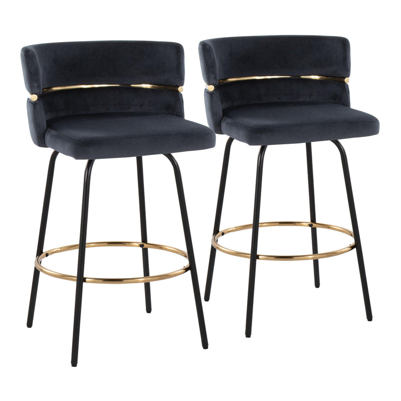 Lumi Source Cinch set of 2 contemporary counter stools with fixed height, swivel seats, and round footrests.