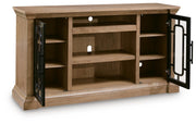 Signature Design by Ashley Wittenmyer TV stand with open shelves and storage compartments for modern living room organization.