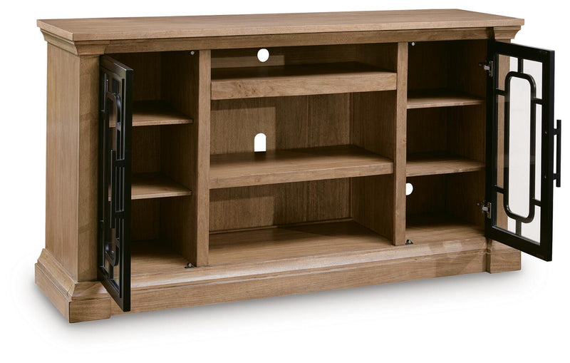 Signature Design by Ashley Wittenmyer TV stand with open shelves and storage compartments for modern living room organization.
