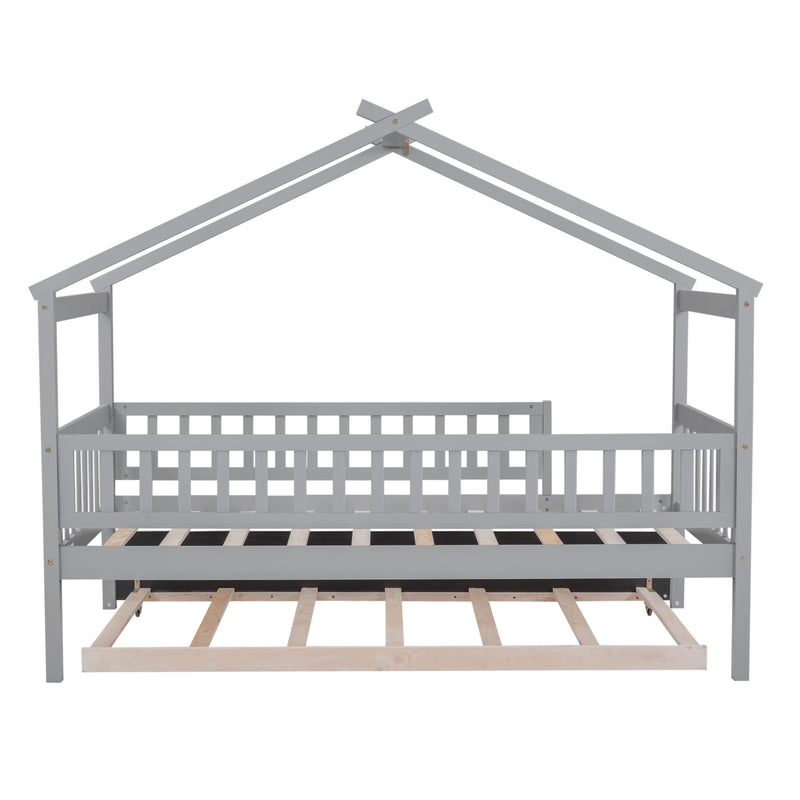 DreamHaus creativity house bed with twin size trundle, wooden frame, and playful house-shaped design for kids' bedroom.