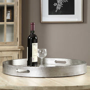 Silver Bechet round tray by Uttermost, with a sleek, polished surface and elegant design perfect for serving or decor.