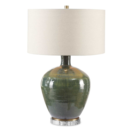 Uttermost Elva emerald table lamp with a sleek base and fabric shade, perfect for modern home decor.