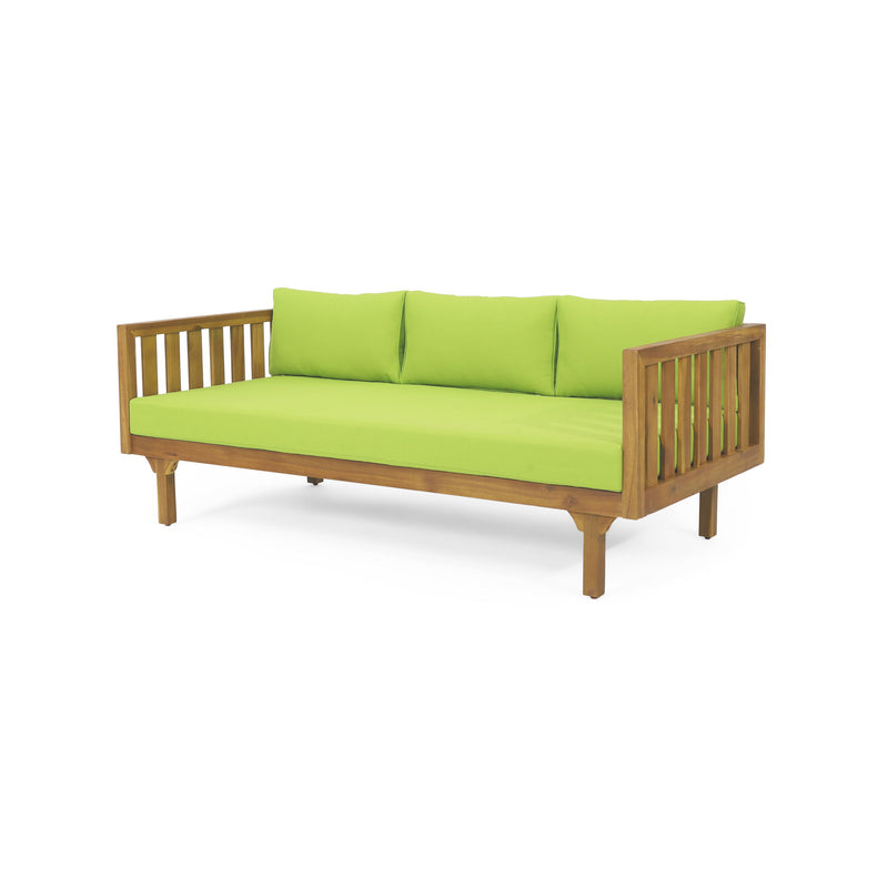 Noble House Claremont 3-seater teak acacia wood daybed sofa with water-resistant cushions.