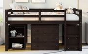 DreamHaus loft low study bed with integrated cabinet, shelves, and rolling desk, designed for multifunctional bedroom use.