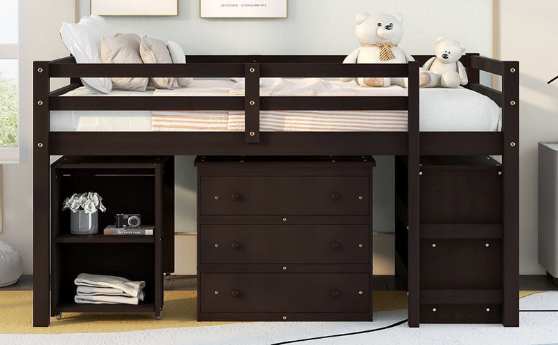 DreamHaus loft low study bed with integrated cabinet, shelves, and rolling desk, designed for multifunctional bedroom use.