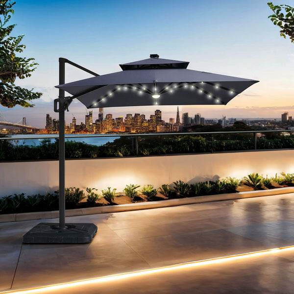 Xico - 8' SQ Umbrella, Double Top, LED Light + Control, Gray + Base