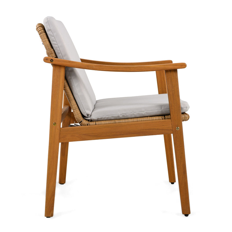 Set of two Noble House outdoor dining chairs with metal frames and woven rattan seats, ideal for patio or garden dining.
