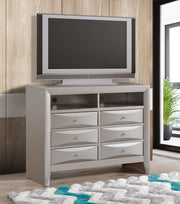 Glory Furniture Marilla media chest with wood finish, featuring multiple drawers and modern design for TV and media storage.