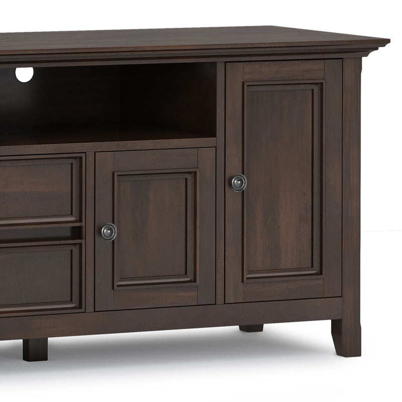 Simpli-Home Amherst wide TV media stand with open shelves and storage compartments, ideal for modern living room setups.