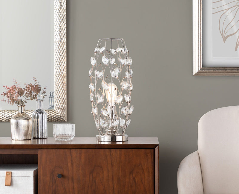 Lumi Source Crystal Buds contemporary uplight table lamp with polished nickel finish and clear crystal accents on a sleek surface.