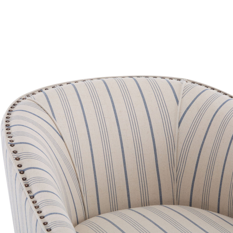 Transitional Upholstered Stripe Barrel Chair With Birch Wood Legs And Plush Cushioned Seat - Beige / Blue Stripe - R&R Furniture Gallery (Fountain Valley, CA)