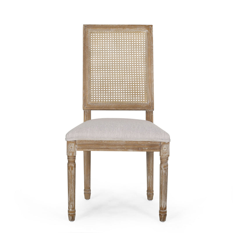 French Country Dining Chair With Rectangular Cane Backrest And Smooth Upholstered Seating - R&R Furniture Gallery (Fountain Valley, CA)