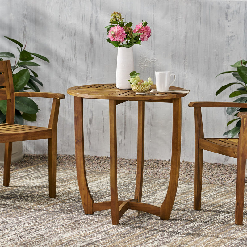 Outdoor Circular Wood Bistro Table With Curved Legs And Slat Panel Table Top - Teak - R&R Furniture Gallery (Fountain Valley, CA)