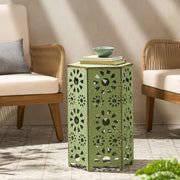 Noble House Galore side table with sunburst cut-out design, round wooden surface, and stylish modern accent piece.
